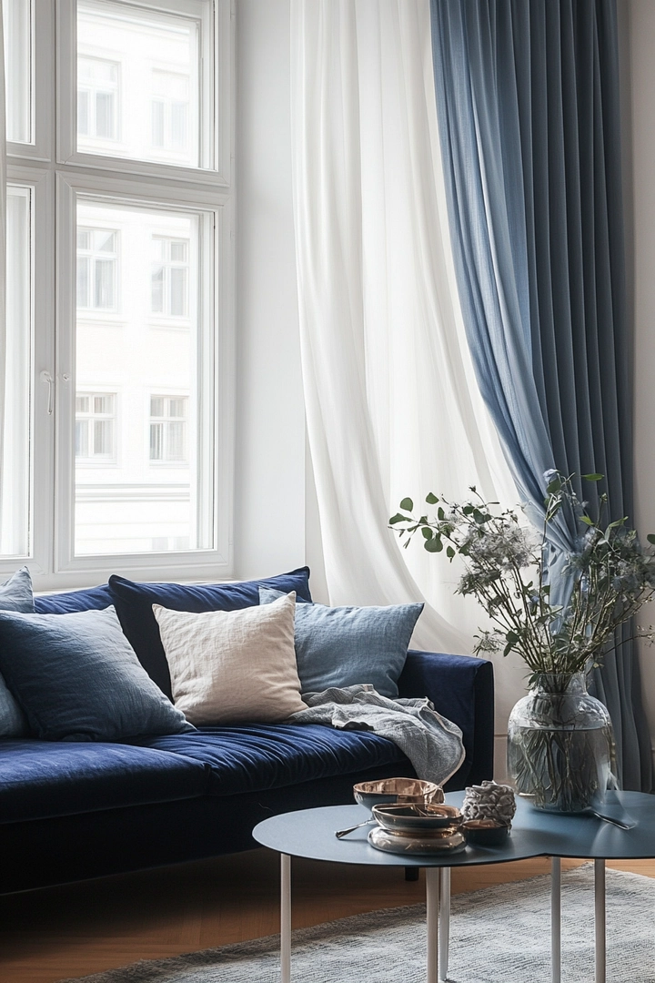 blue sofa living room curtain ideas 37