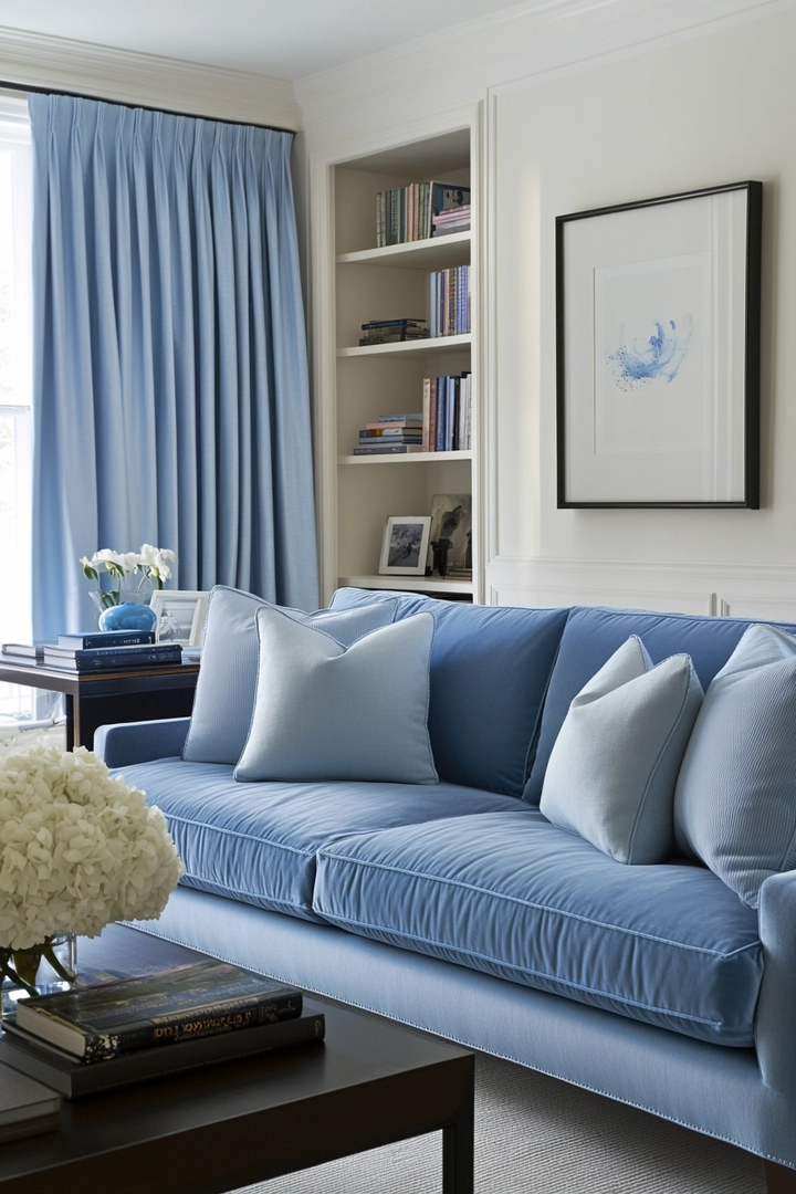 blue sofa living room curtain ideas 46