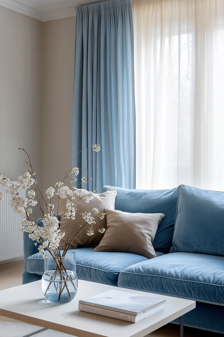 blue sofa living room curtain ideas 57