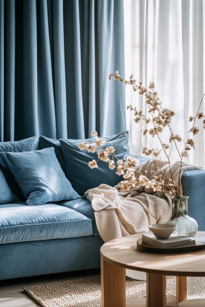 blue sofa living room curtain ideas 67