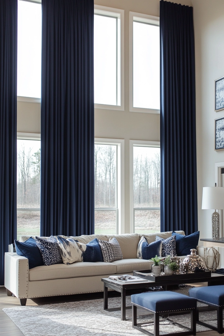 navy living room curtain ideas 20