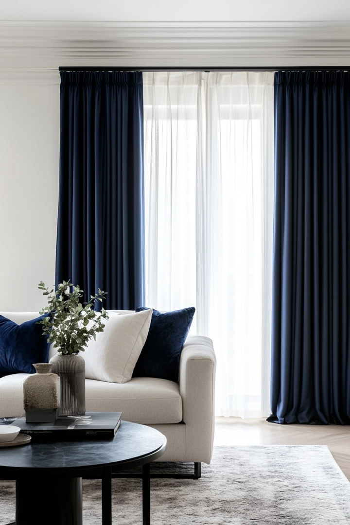 navy living room curtain ideas 49