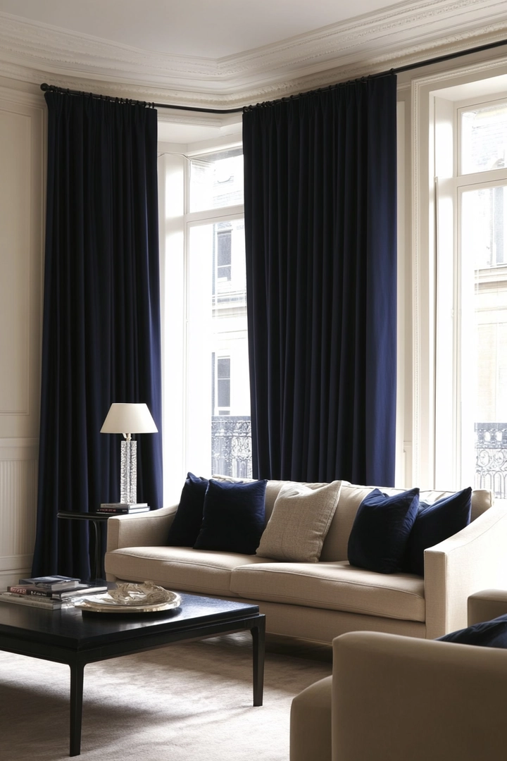 navy living room curtain ideas 53