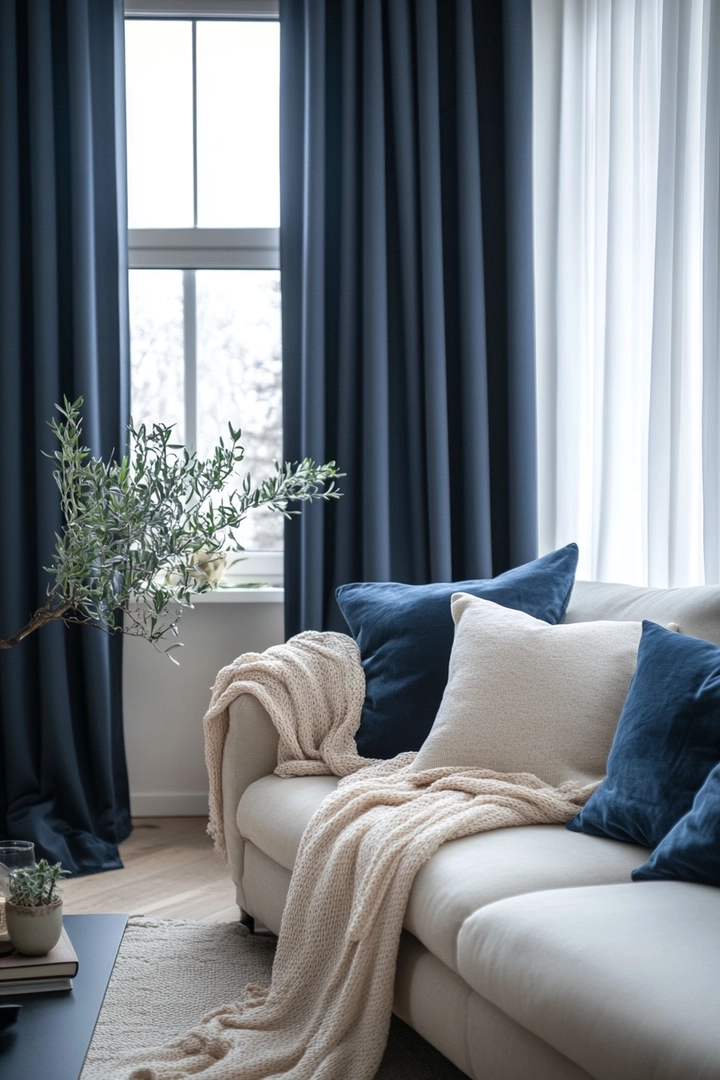 navy living room curtain ideas 74