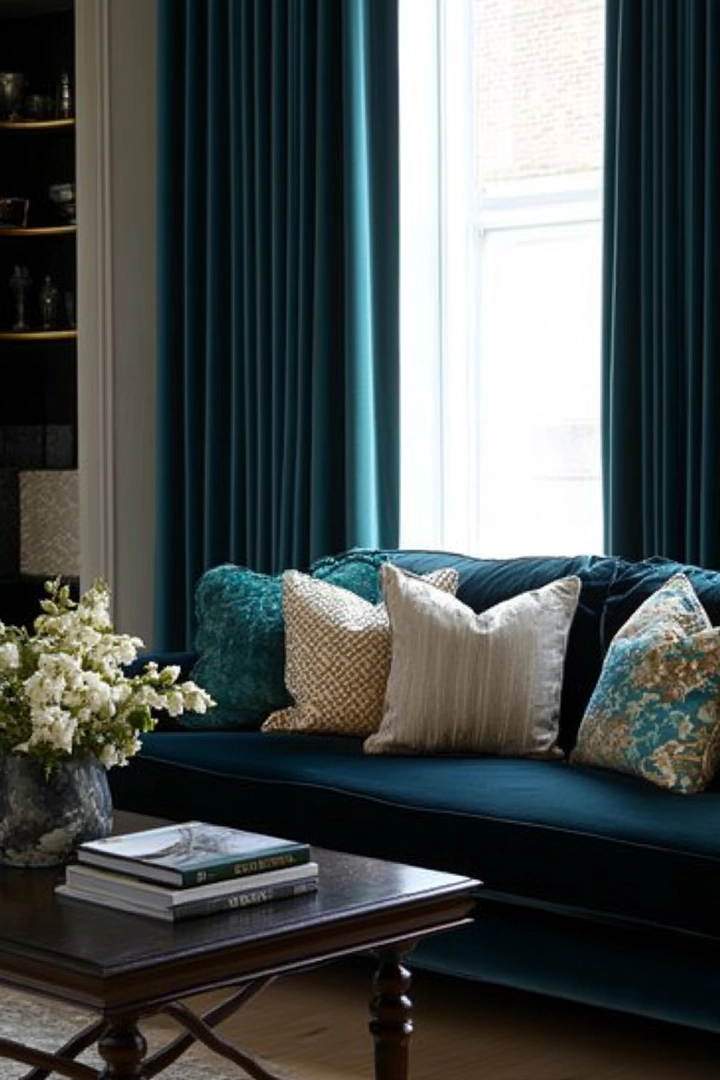 teal living room curtain ideas 38