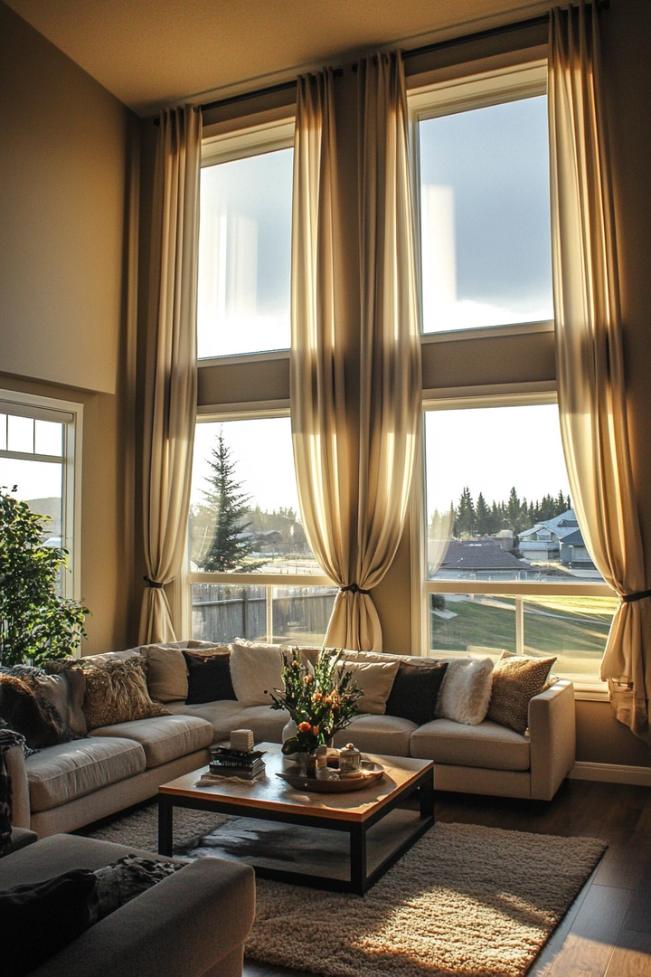 triple window curtain ideas living room 12