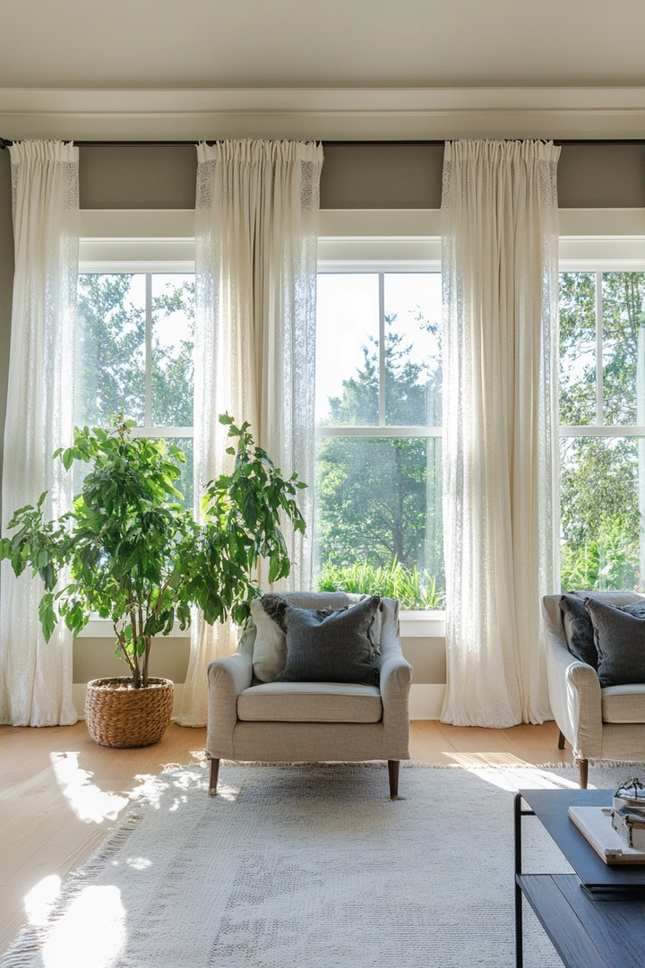 triple window curtain ideas living room 54