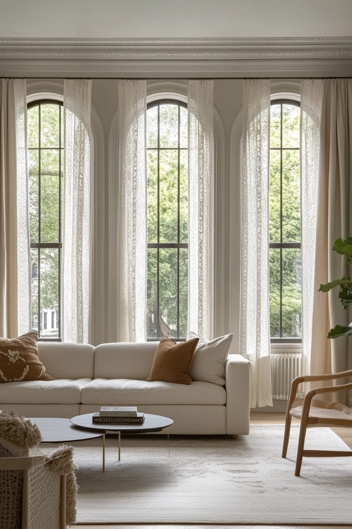 triple window curtain ideas living room 56